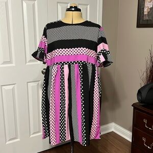Black and Pink Polka Dot Stripe Mini Dress